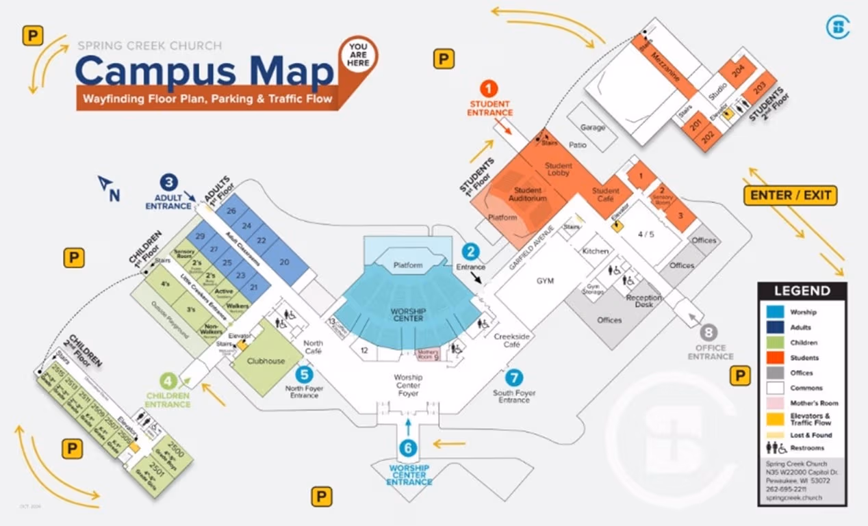 Spring Creek campus map showing entrances and parking. Open for a larger view.
